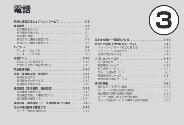 090********** 多様な通話方法とオプションサービス 電話-2 本機では 音声通話をするだけでなく TV コールをかけたり お気に入りに登録することで簡単に通話することもできます また 留守番電話 転送電話など様々なオプションサービスを利用することもできます この章では 電話のかけかたとオ