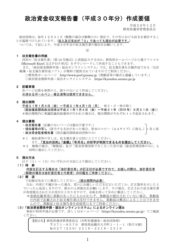 H30政治資金収支報告書作成要領