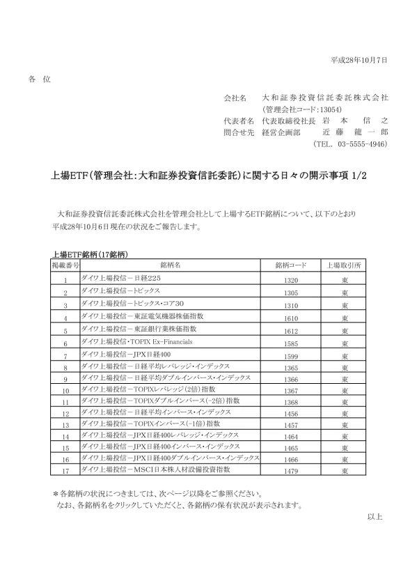 [ 掲 載 番 号 :1] 平 成 28 年 10 月 7 日 各 位 会 社 名 大 和 証 券 投 資 信 託 委 託 株 式 会 社 代 表 者 名 代 表 取 締 役 社 長 岩 本 信 之 (コード 番 号 1320) 問 合 せ 先 経 営 企 画 部 近 藤 龍 一 郎 (TEL. 0